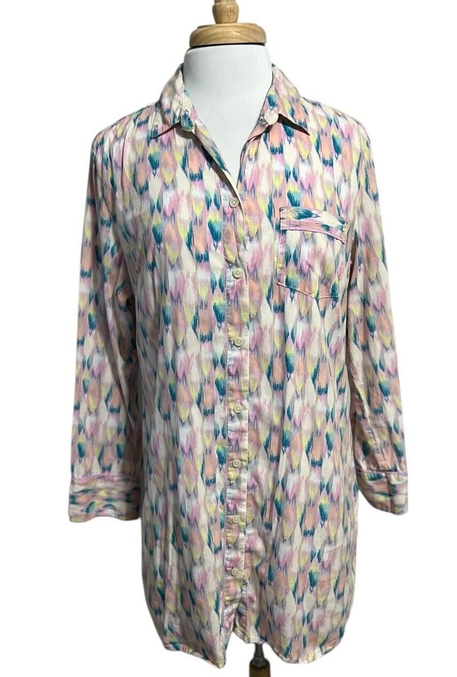 Victorias Secret Womens Small Pink Teal Boho Boyfriend Night Shirt Nightgown